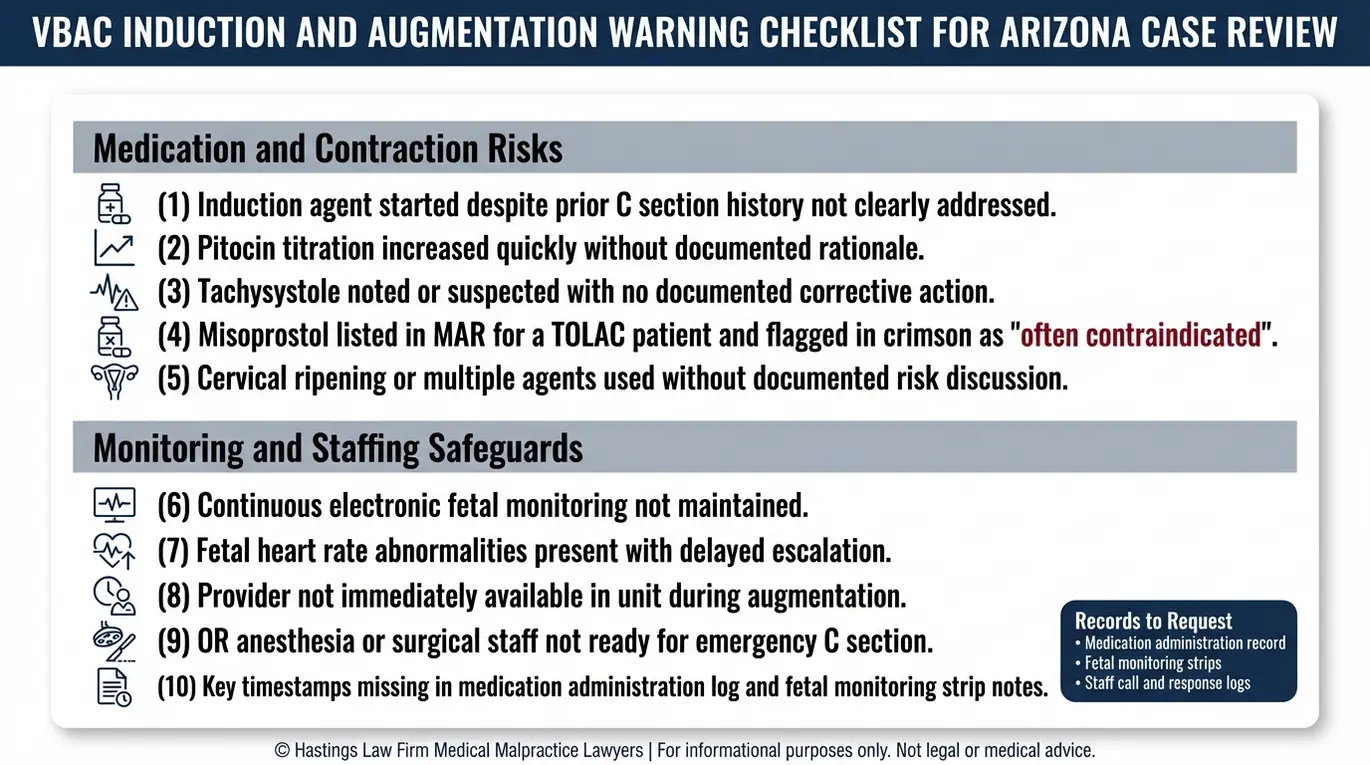 Checklist of VBAC induction and augmentation red flags and documentation points for review with an Arizona VBAC Complications Lawyer.