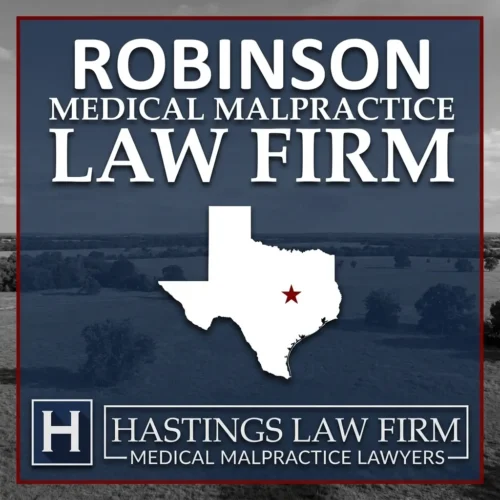 Los mejores Abogados de Negligencia Médica en Robinson Texas Una escena del paisaje de Robinson Texas. Una estrella roja señala el lugar donde los abogados locales de negligencia médica han ayudado a pacientes lesionados. El logotipo de The Hastings Law Firm aparece en la parte inferior.