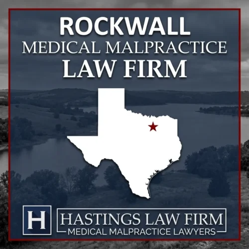 Los mejores abogados de negligencia médica en Rockwall Texas Una escena de paisaje de Rockwall Texas. Una estrella roja señala el lugar donde los abogados locales de negligencia médica han ayudado a pacientes lesionados. Logo The Hastings Law Firm aparece en la parte inferior.
