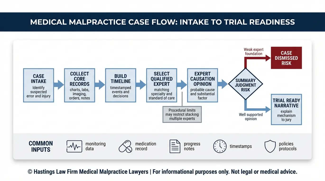 Flowchart showing how medical records and an expert witness opinion connect breach to injury to support proving causation in an Arizona medical malpractice case and address summary judgment risk.