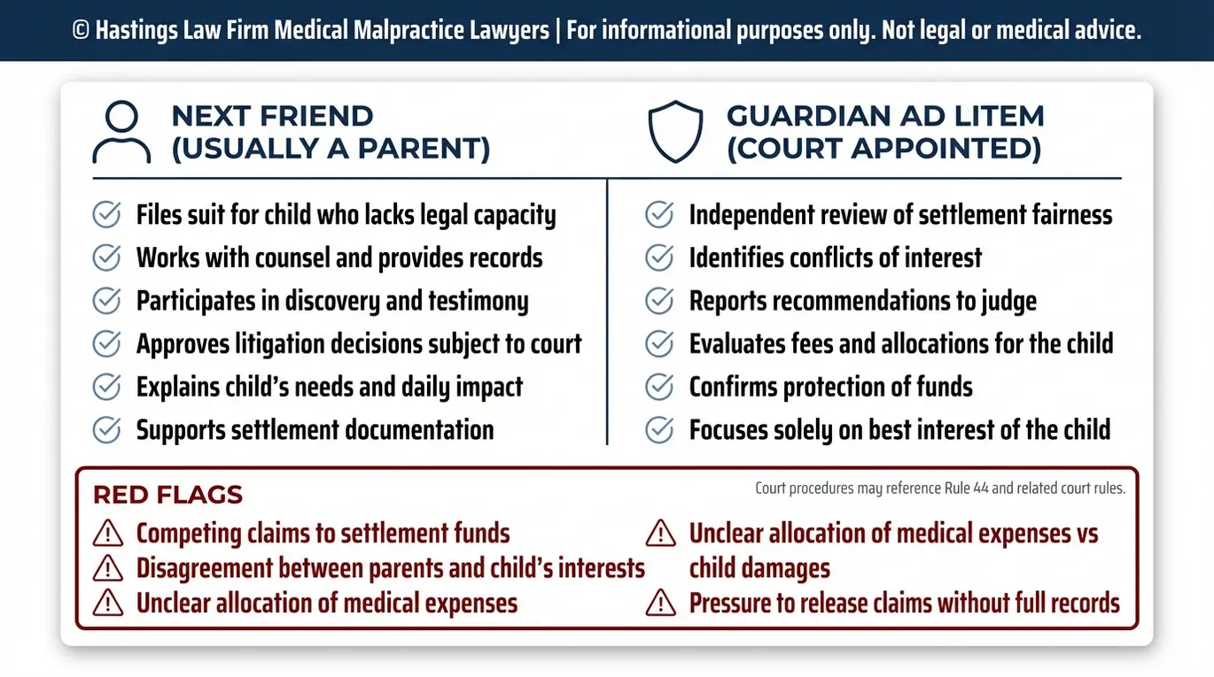 Warning checklist describing roles under Texas Infant Injury Liability Laws showing next friend responsibilities versus guardian ad litem duties plus common conflict of interest red flags in minor claims.