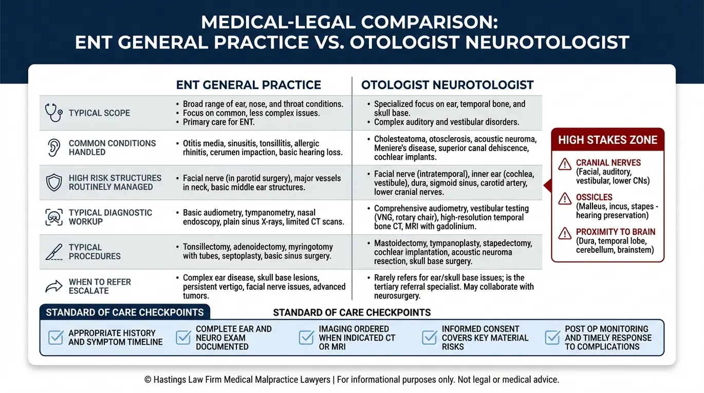 Cuadro comparativo que explica las funciones del otorrinolaringólogo frente a las del otólogo y los puntos de control de la atención estándar relevantes para una demanda de un abogado especializado en negligencia del otólogo Texas.