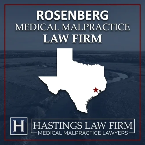 Los mejores abogados especializados en negligencia médica en Rosenberg Texas Una imagen panorámica de Rosenberg Texas. Una estrella roja señala el lugar donde los abogados locales especializados en negligencia médica han ayudado a pacientes lesionados. El logotipo de Hastings Law Firm aparece en la parte inferior.
