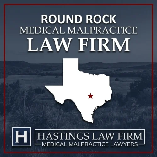 Los mejores abogados especializados en negligencia médica en Round Rock Texas Una imagen panorámica de Round Rock Texas. Una estrella roja señala el lugar donde los abogados locales especializados en negligencia médica han ayudado a pacientes lesionados. El logotipo de Hastings Law Firm aparece en la parte inferior.