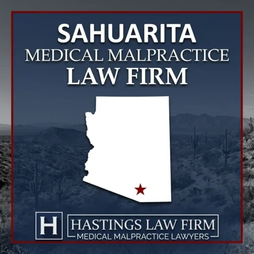 Best Medical Malpractice Attorneys in Sahuarita Arizona A landscape scene of Sahuarita Arizona. A red star pinpoints the location where local Medical Malpractice Lawyers have helped injured patients. The Hastings Law Firm logo appears at the bottom.
