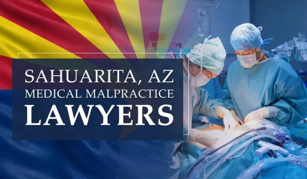 The State flag of Arizona blending into a healthcare setting in Sahuarita where medical negligence has occurred, depicting the need for Medical Malpractice Lawyers to help patients harmed by medical professionals and healthcare facilities.