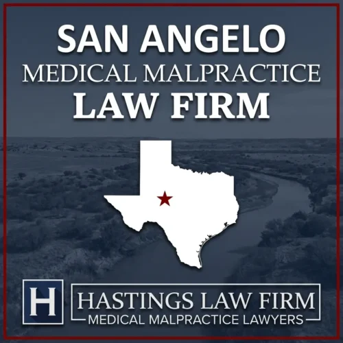 Los mejores abogados especializados en negligencia médica en San Angelo Texas Una vista panorámica de San Angelo Texas. Una estrella roja señala el lugar donde los abogados locales especializados en negligencia médica han ayudado a pacientes lesionados. El logotipo de Hastings Law Firm aparece en la parte inferior.