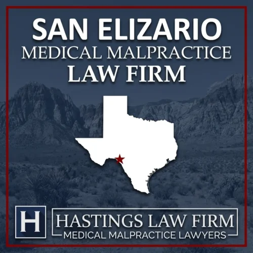Los mejores abogados especializados en negligencia médica en San Elizario Texas Una imagen panorámica de San Elizario Texas. Una estrella roja señala el lugar donde los abogados locales especializados en negligencia médica han ayudado a pacientes lesionados. El logotipo de Hastings Law Firm aparece en la parte inferior.