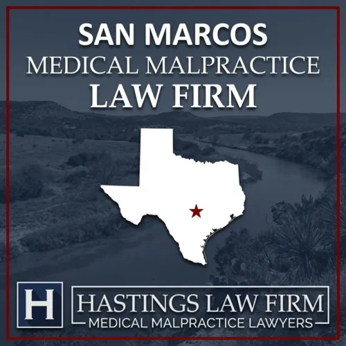 Los mejores abogados especializados en negligencia médica en San Marcos Texas Una imagen panorámica de San Marcos Texas. Una estrella roja señala el lugar donde los abogados locales especializados en negligencia médica han ayudado a pacientes lesionados. El logotipo de Hastings Law Firm aparece en la parte inferior.