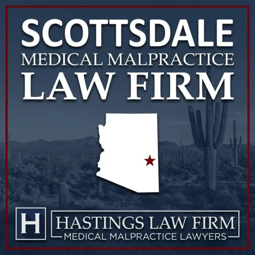 Los mejores abogados especializados en negligencia médica en Scottsdale, Arizona Una vista panorámica de Scottsdale, Arizona. Una estrella roja señala el lugar donde los abogados locales especializados en negligencia médica han ayudado a pacientes lesionados. El logotipo de Hastings Law Firm aparece en la parte inferior.