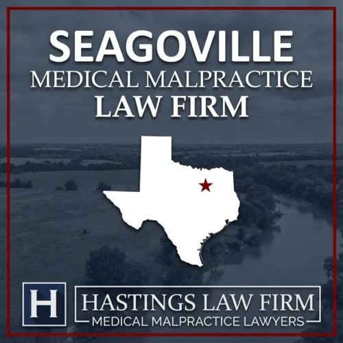 Los mejores abogados de negligencia médica en Seagoville Texas Una escena del paisaje de Seagoville Texas. Una estrella roja señala el lugar donde los abogados locales de negligencia médica han ayudado a los pacientes lesionados. Logo The Hastings Law Firm aparece en la parte inferior.