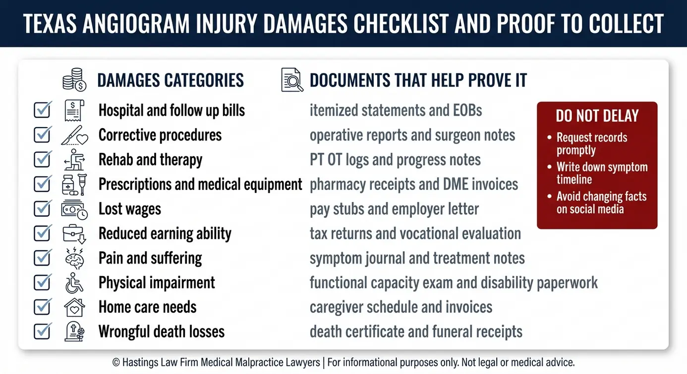 Checklist of recoverable damages and evidence to gather for a Texas Arteriography Malpractice Lawyer after angiogram injuries.