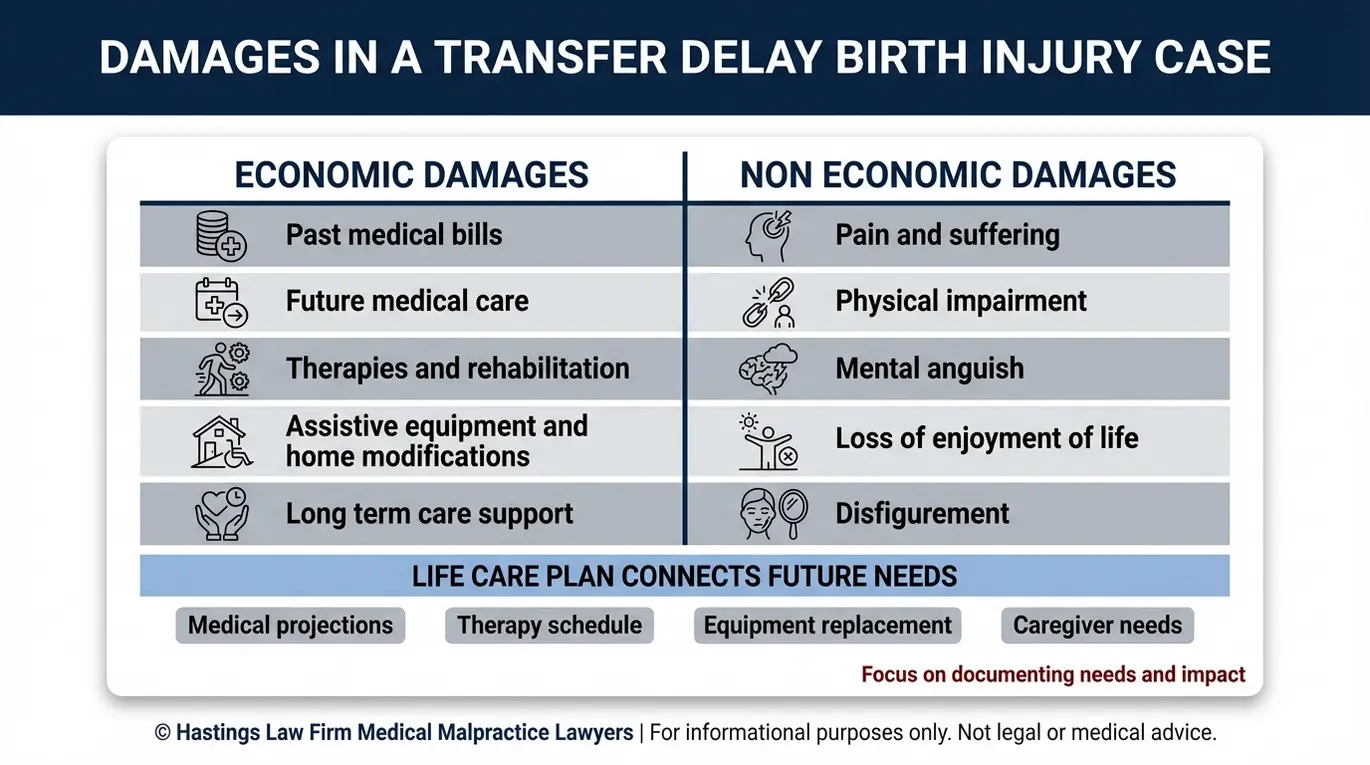 Comparison chart for a Texas Birth Center Transfer Delay Lawyer outlining economic damages such as future medical care and long term care and non economic damages such as pain and suffering and physical impairment.