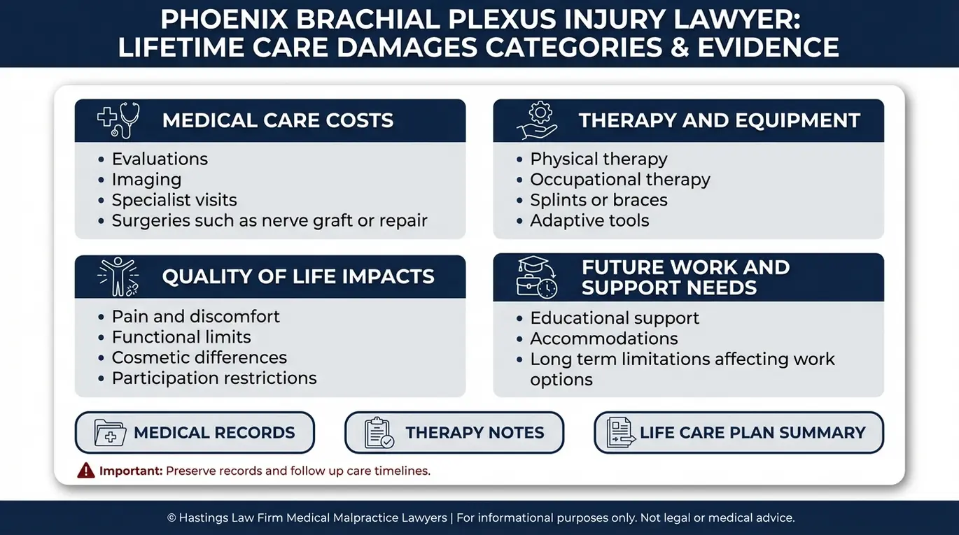 Infografía que resume las categorías de daños y las pruebas clave para la atención a largo plazo del plexo braquial en un caso llevado por un abogado especializado en lesiones del plexo braquial de Phoenix.