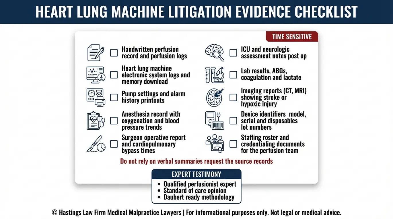Warning checklist of time sensitive records and expert testimony needs to prove a cardiopulmonary bypass claim for a Texas Perfusionist Malpractice Lawyer including perfusion logs device system data and operative records.