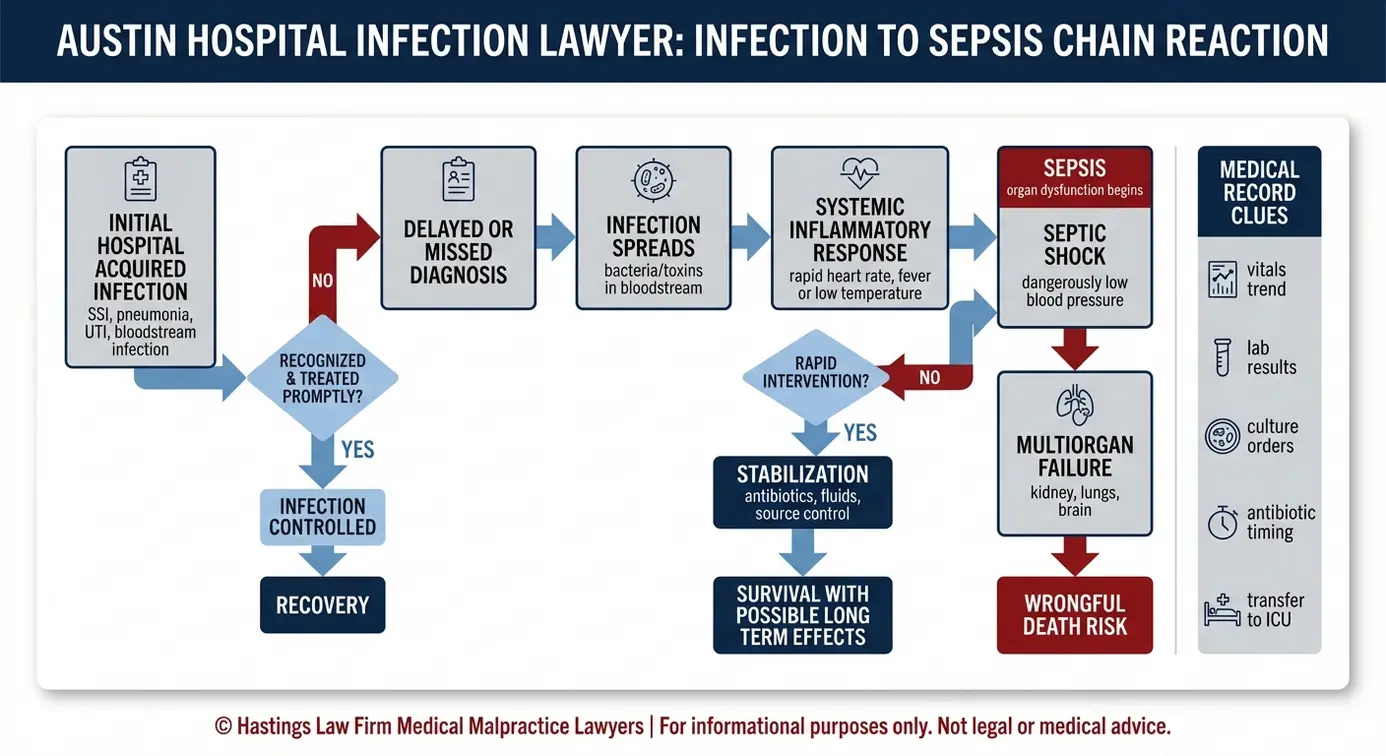 Diagrama de flujo que muestra cómo una infección nosocomial puede derivar en sepsis y fallo orgánico, para el análisis de un caso por parte de un abogado especializado en infecciones hospitalarias de Austin.