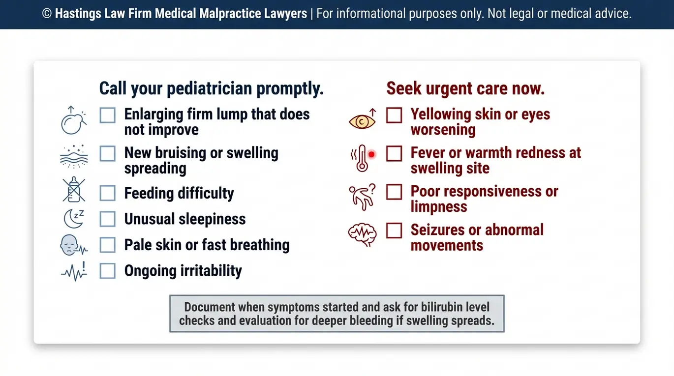Warning checklist of cephalohematoma complication symptoms including jaundice signs, infection indicators, anemia clues, and emergency red flags designed to help families know when to escalate care while considering a Texas Cephalohematoma Lawyer consultation.