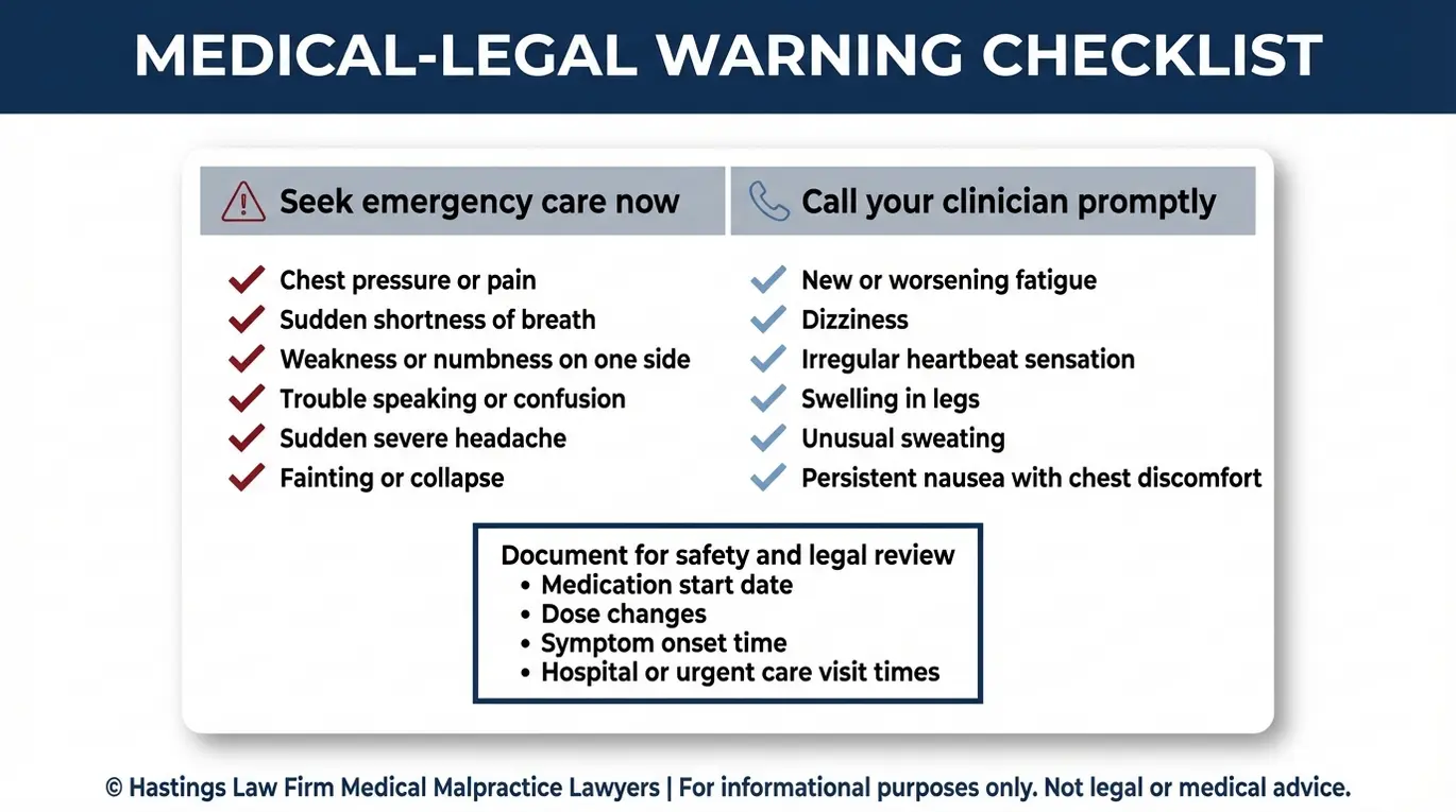 Warning checklist of heart attack and stroke symptoms linked to Uloric febuxostat and what to do next for those considering a Texas Uloric Injury Lawyer.