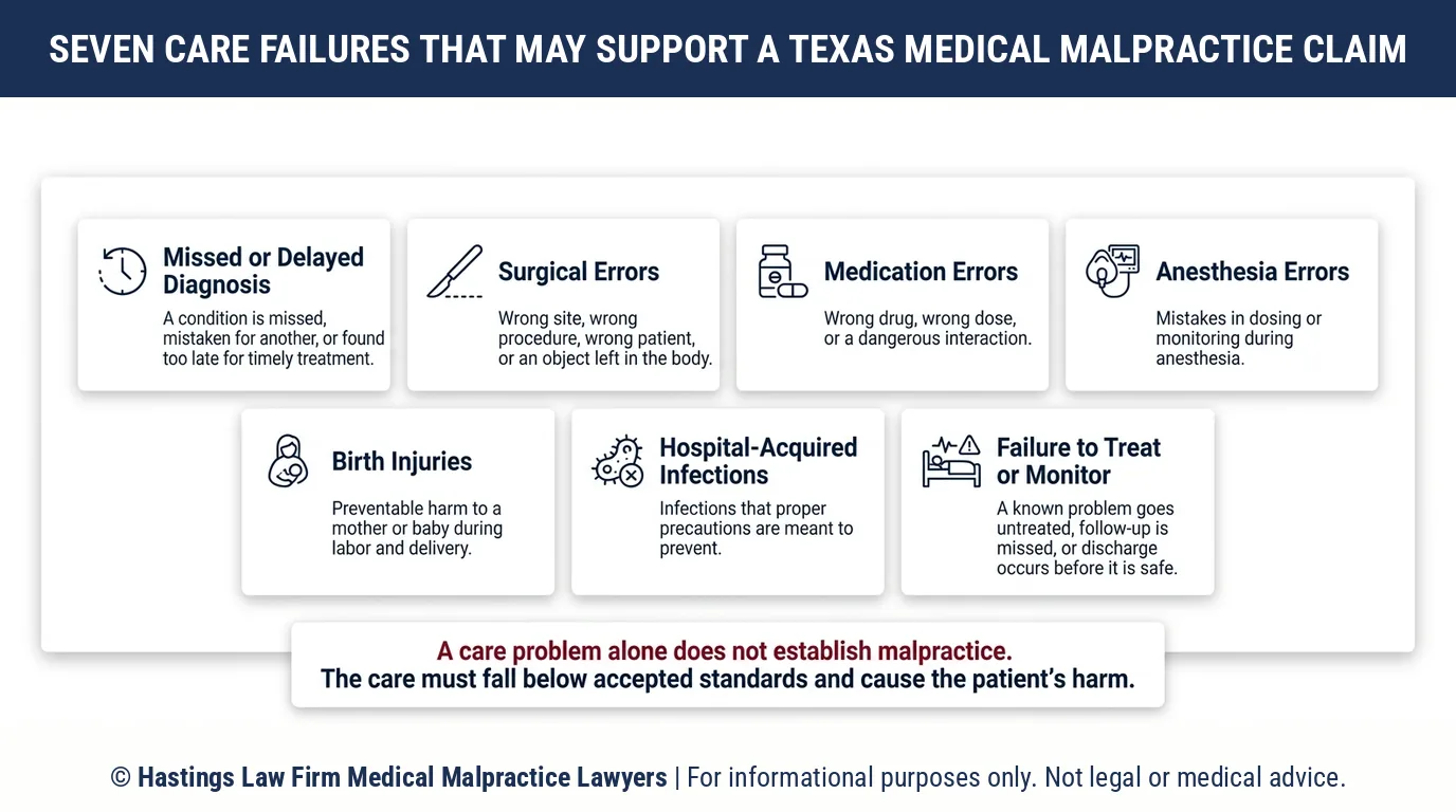 Which kinds of medical malpractice in Texas can lead to a claim when care falls below the standard.