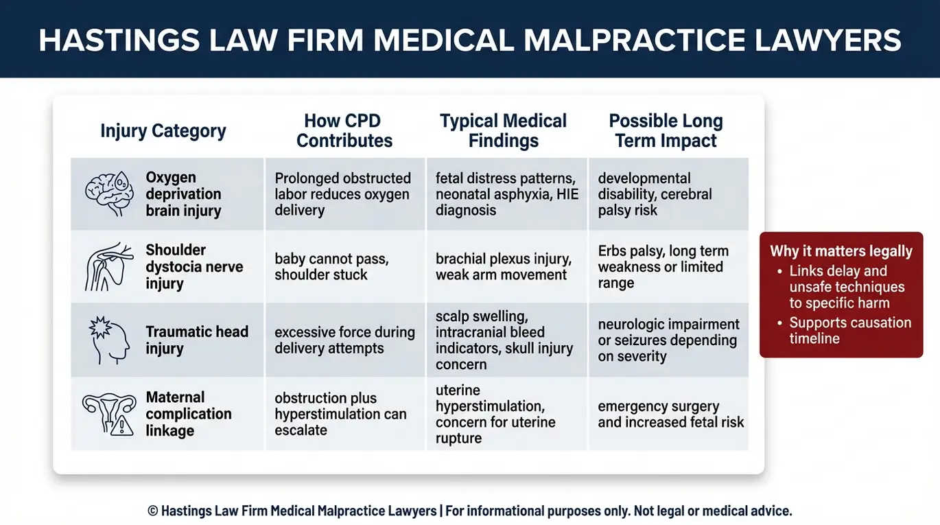 Comparison chart linking mismanaged cephalopelvic disproportion to HIE cerebral palsy brachial plexus injury and other outcomes relevant to a Texas Cephalopelvic Disproportion Injury Lawyer case review.