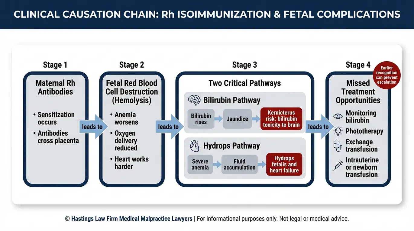 Clinical concept diagram tracing Rh disease hemolysis into hyperbilirubinemia kernicterus and hydrops fetalis pathways for a Texas Rh Incompatibility Birth Injury Lawyer evaluation.