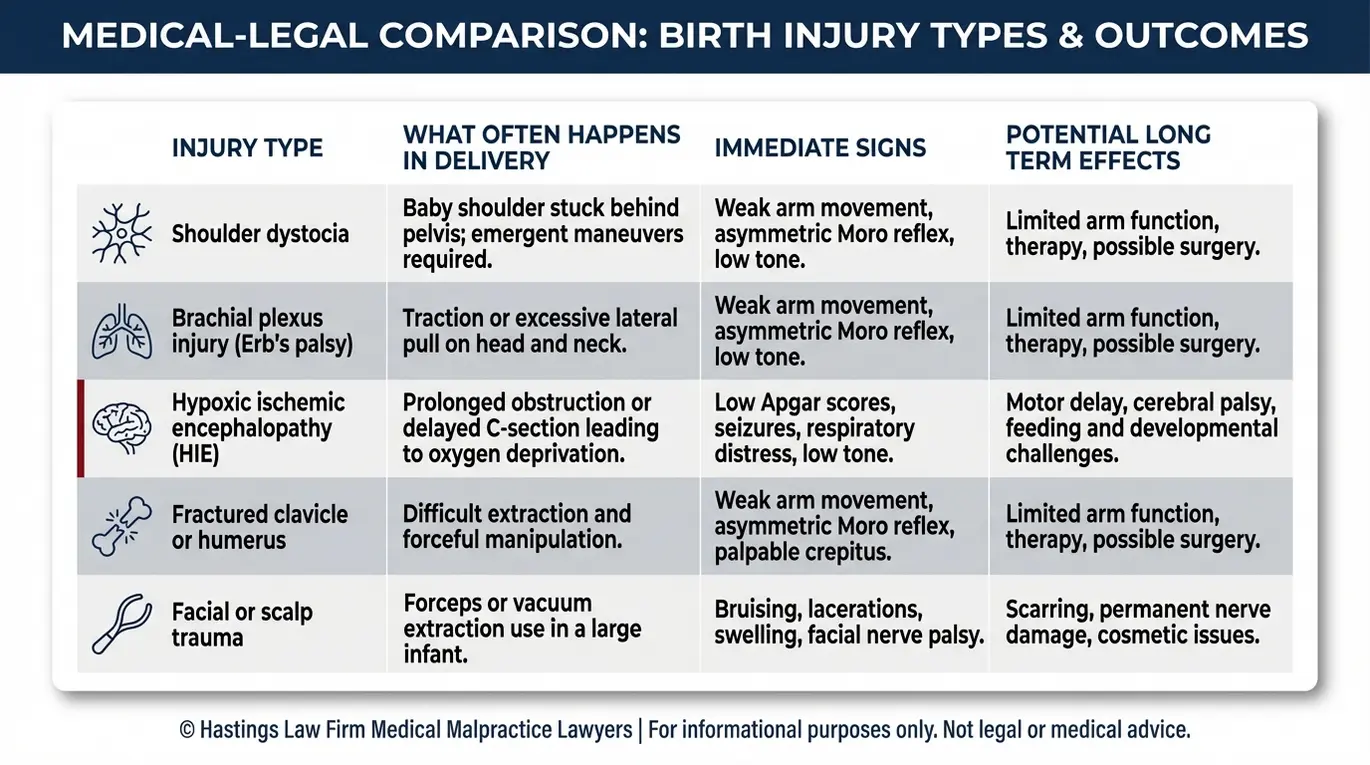 Comparison chart summarizing macrosomia birth injury types and causes that a Texas Macrosomia Birth Injury Lawyer explains including shoulder dystocia brachial plexus injury and hypoxic ischemic encephalopathy with long term outcomes.