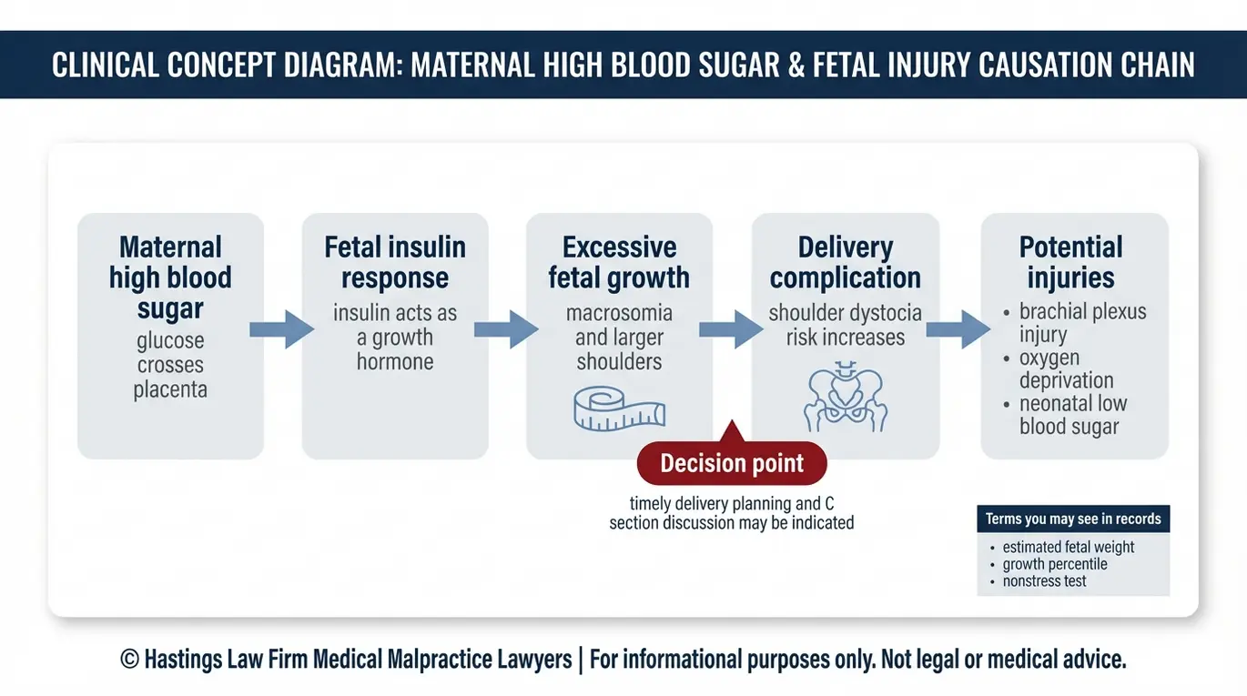 Clinical diagram explaining how uncontrolled gestational diabetes leads to fetal insulin driven macrosomia, shoulder dystocia, and related birth injuries in cases reviewed by a Texas Gestational Diabetes Malpractice Lawyer.