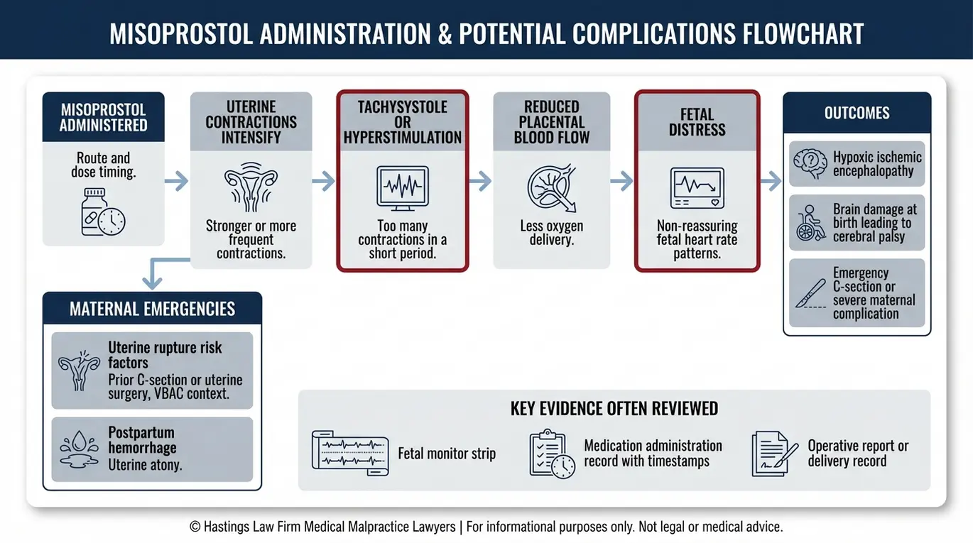 Process flowchart showing Cytotec complications pathway from Misoprostol administration to tachysystole reduced oxygen fetal distress and HIE outcomes relevant to a Texas Misoprostol Induction Error Lawyer case.