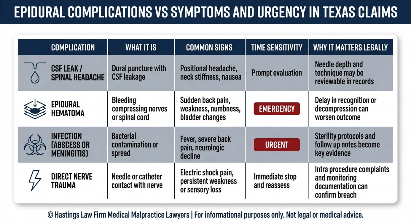 Comparison chart of epidural injury complications with symptoms and urgency used to evaluate a Texas Epidural Injection Injury Lawyer malpractice claim.