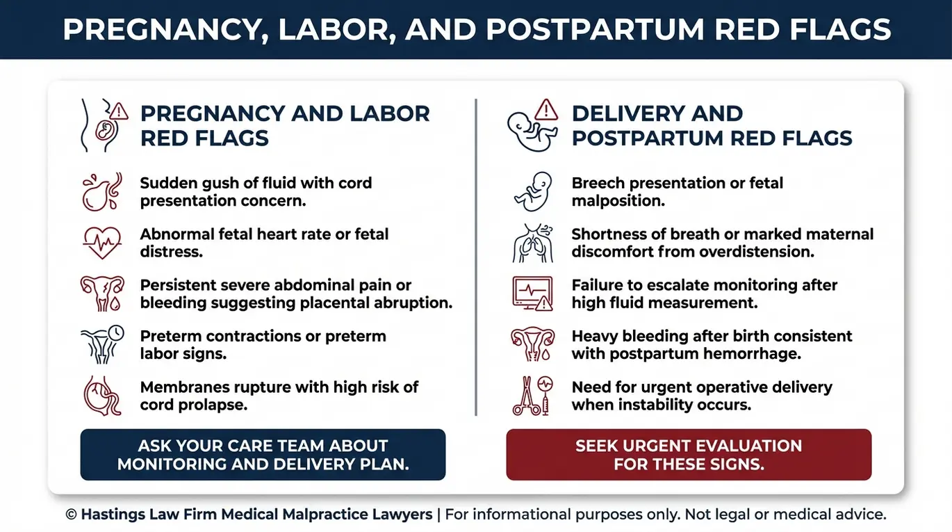 Warning checklist of unmanaged polyhydramnios complications and delivery red flags relevant to families consulting a Texas Polyhydramnios Mismanagement Lawyer.