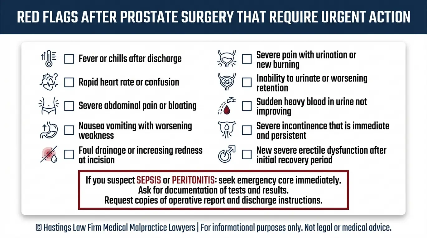 Warning checklist of severe prostate surgery complications and post discharge red flags a Houston prostate surgery error lawyer reviews for potential negligence.