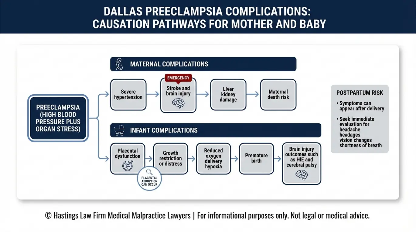 Diagrama de concepto clínico que muestra cómo la preeclampsia puede evolucionar a derrame cerebral materno daño orgánico e hipoxia infantil parto prematuro y parálisis cerebral para Dallas Eclampsia and Preeclampsia Lawyer context.