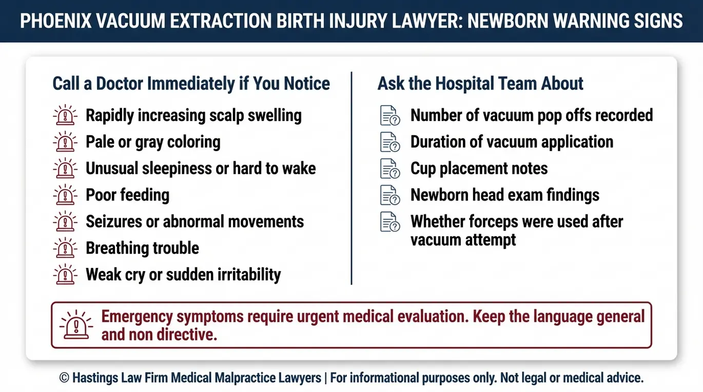 Warning checklist of newborn red flags and hospital questions after vacuum extraction for families consulting a Phoenix Forcep and Vacuum Birth Injury Lawyer.