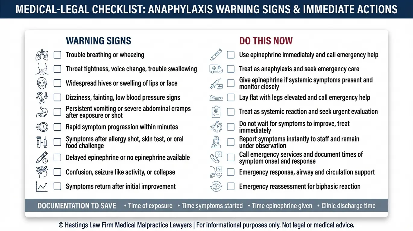 Lista de comprobación de advertencias para un abogado especializado en negligencias de alergólogos Texas en la que se resumen las señales de alerta de anafilaxia, las medidas urgentes de epinefrina y las marcas de tiempo clave que se deben documentar tras una reacción alérgica.