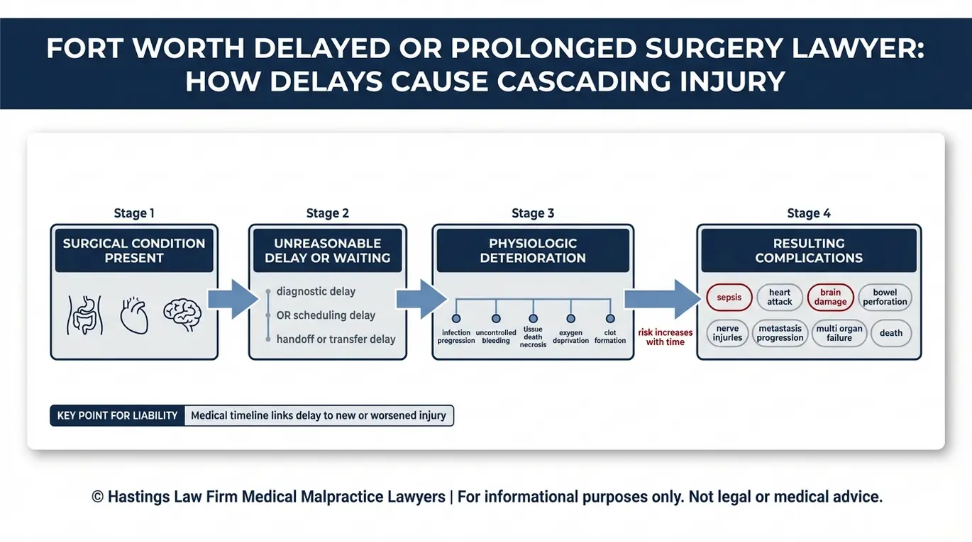 Clinical diagram showing how delayed surgical treatment leads to physiologic deterioration and complications relevant to a Fort Worth Delayed or Prolonged Surgery Lawyer case such as sepsis brain damage and uncontrolled bleeding.