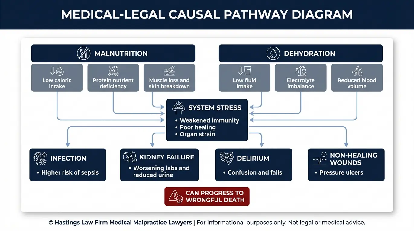 Clinical causation diagram showing how malnutrition and dehydration in a nursing home can lead to infection kidney failure delirium and pressure ulcers for an Arizona Nursing Home Malnutrition Lawyer case.