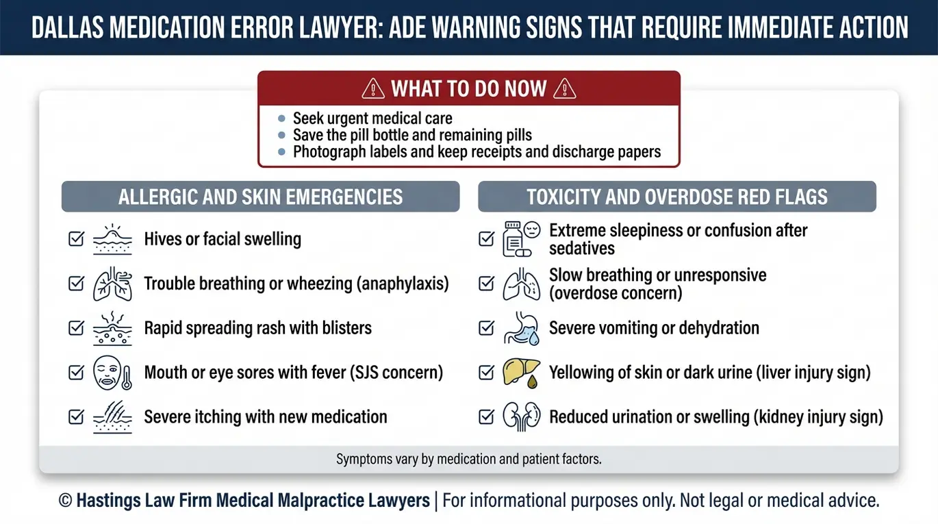 Checklist of adverse drug event warning signs and immediate steps relevant to a Dallas Medication Error Lawyer investigation.