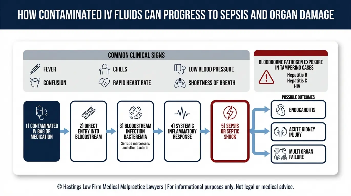 Clinical diagram showing how contaminated IV therapy can lead to bloodstream infection sepsis septic shock and organ damage for an Arizona IV Fluid Contamination Lawyer case review.