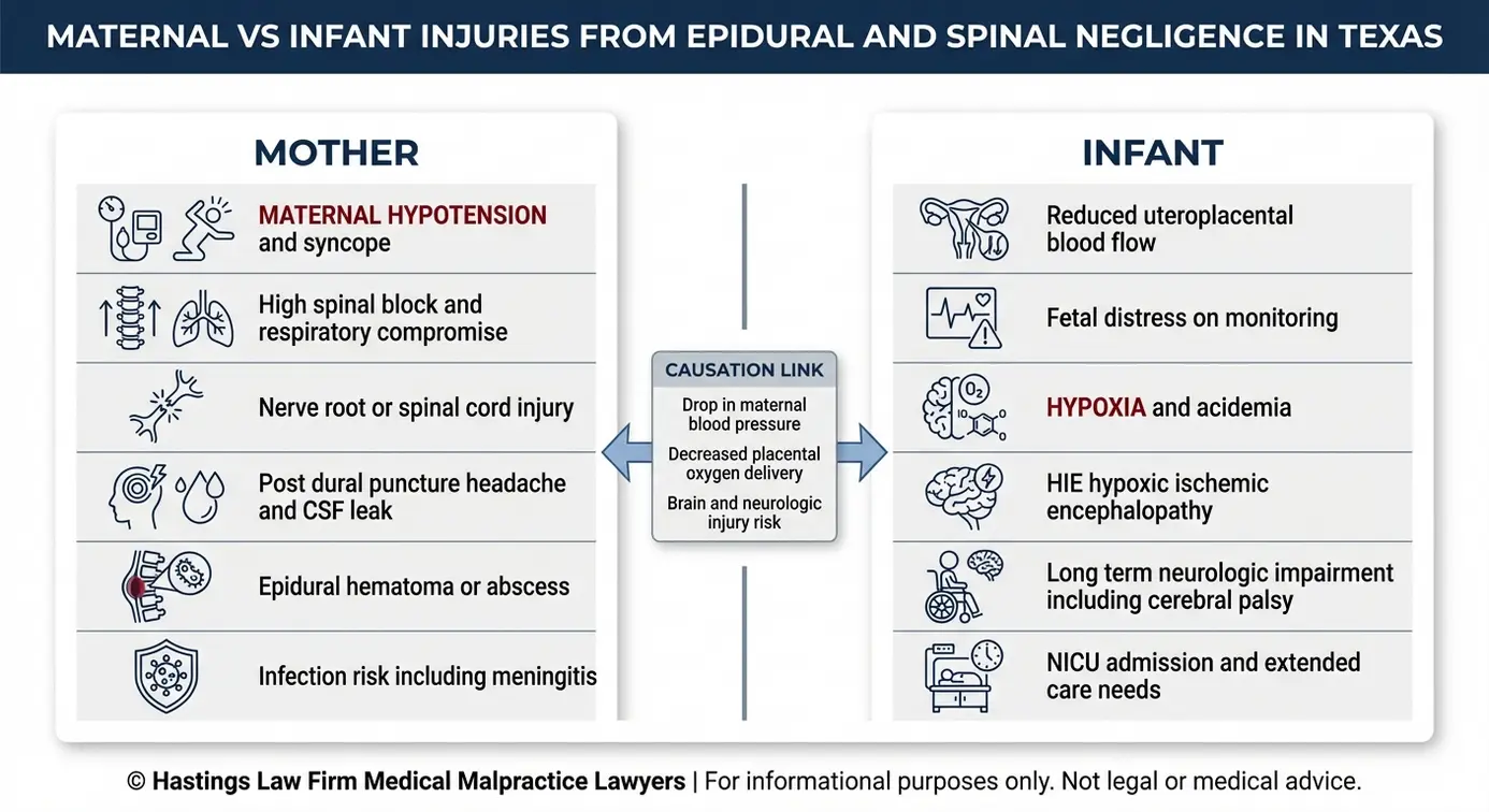 Comparison chart showing maternal versus infant harms tied to epidural and spinal negligence explained by a Texas Maternal Anesthesia Complications Lawyer.