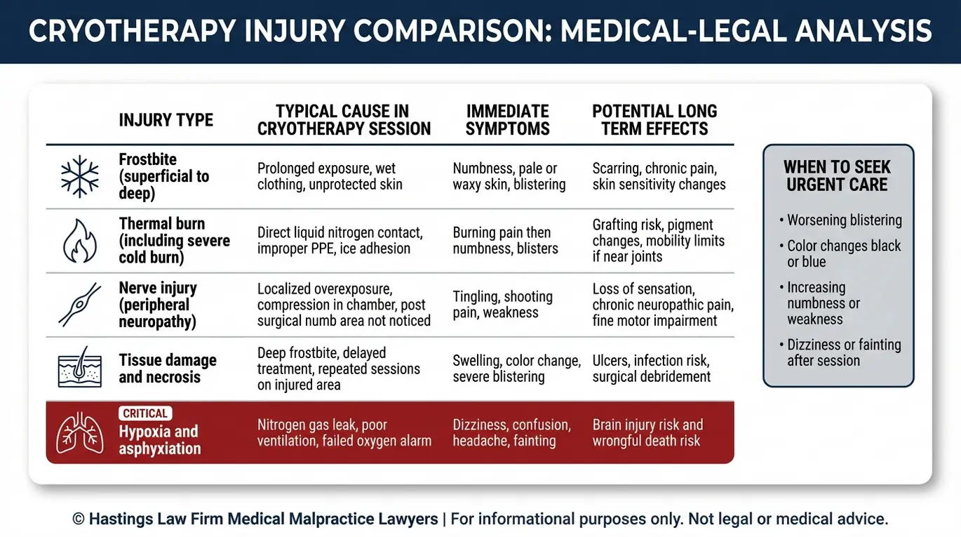Comparison chart showing cryotherapy injury types and long term effects for Arizona Cryotherapy Center Malpractice Lawyer research including frostbite burns nerve damage tissue damage and hypoxia symptoms.