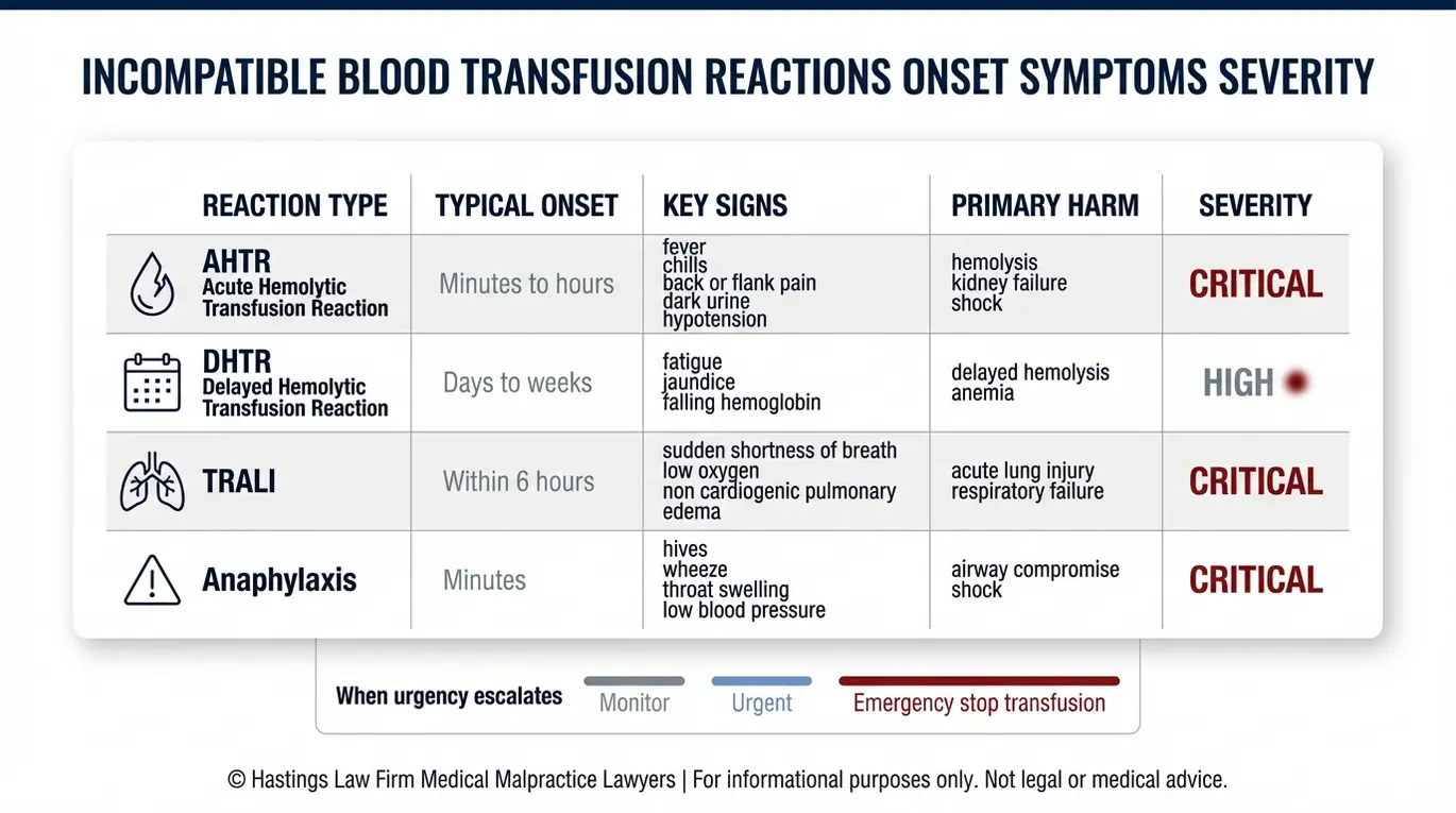 Comparison chart of AHTR DHTR TRALI and anaphylaxis with onset symptoms and severity used by an Arizona Blood Transfusion Error Lawyer to explain injuries from incompatible blood.