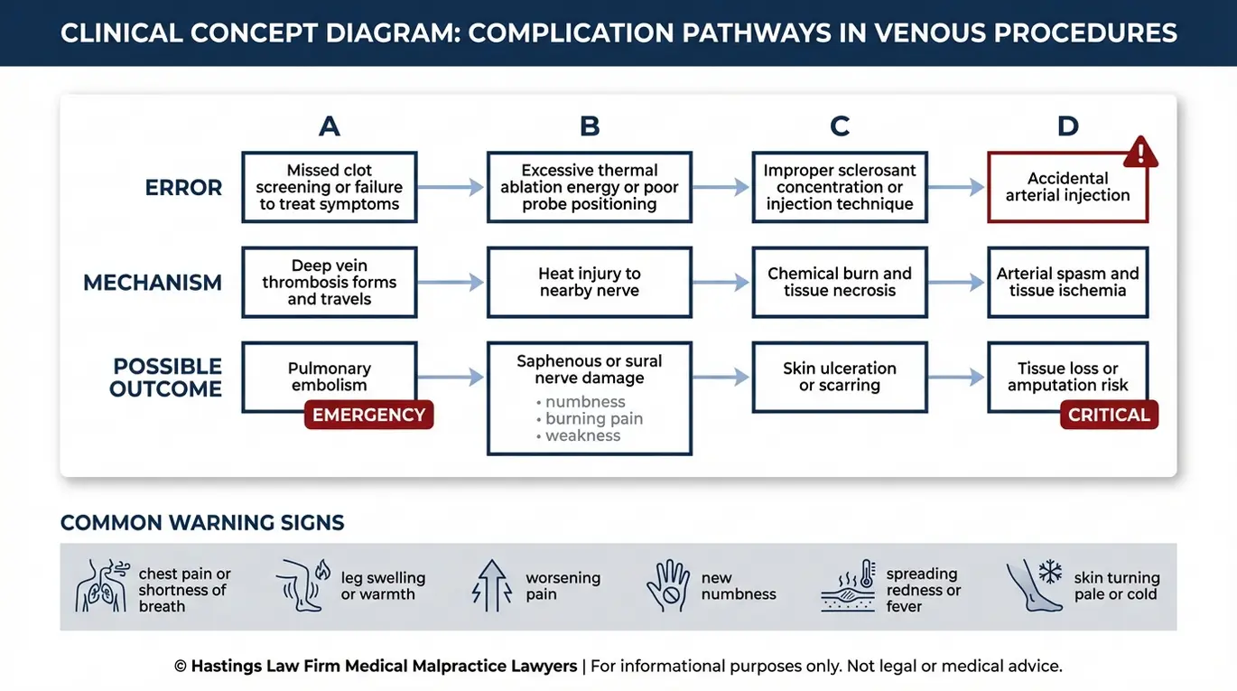 Diagrama conceptual clínico para Texas: información sobre abogados especializados en negligencia médica de flebólogos, que relaciona los errores en procedimientos venosos con mecanismos como la trombosis, las lesiones térmicas, las quemaduras químicas y la inyección arterial, así como las graves consecuencias resultantes.