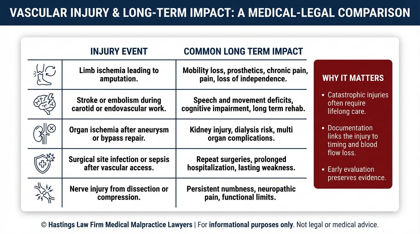 Tabla comparativa que relaciona las lesiones derivadas de negligencias en cirugía vascular con sus consecuencias a largo plazo, para ayudar a quienes consultan a un abogado especializado en negligencia médica de cirujanos vasculares en Arizona a comprender las posibles secuelas, como la pérdida de extremidades, los accidentes cerebrovasculares, la insuficiencia orgánica, las infecciones y el daño nervioso.