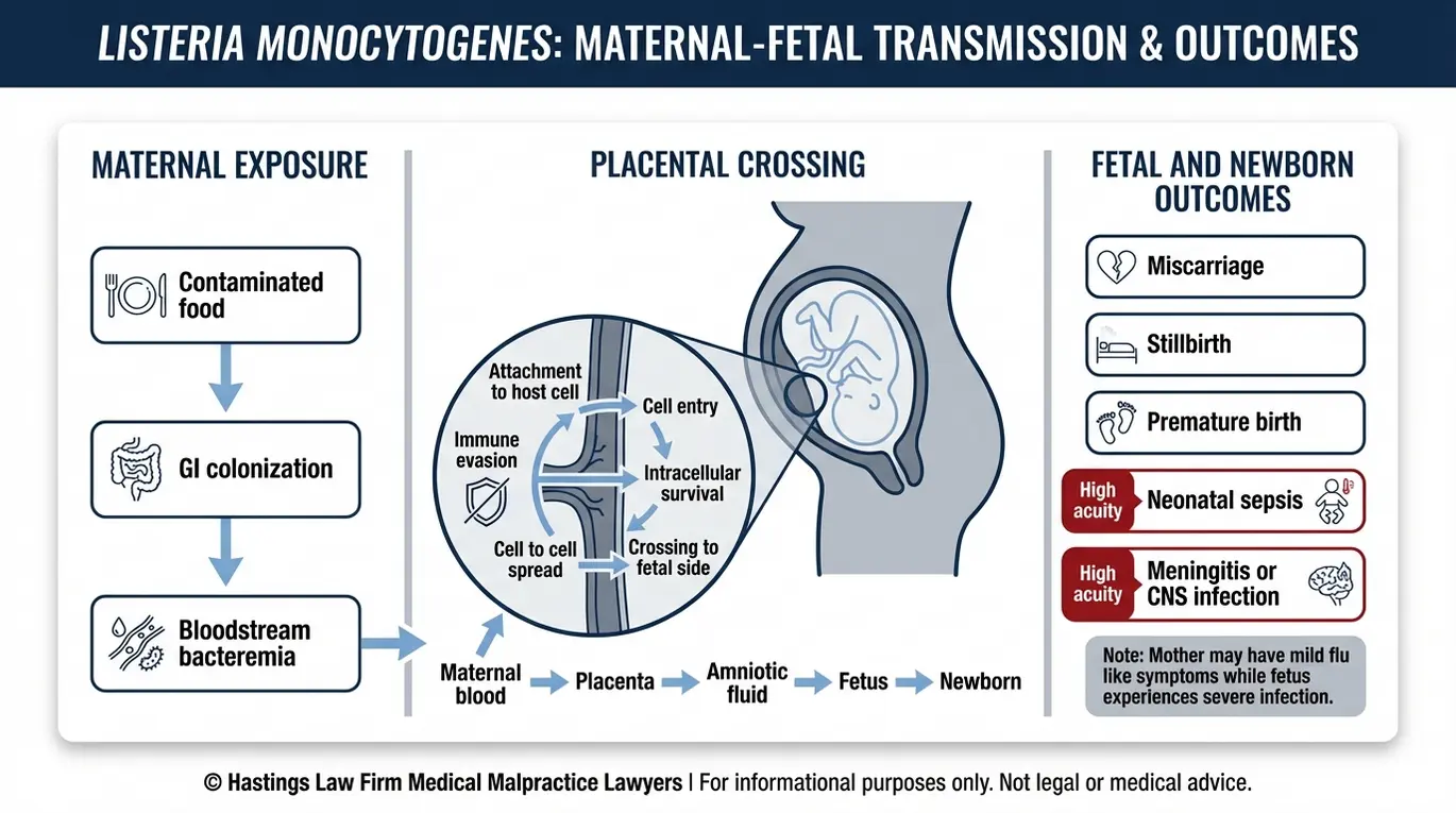 Diagrama conceptual clínico que explica cómo un abogado especializado en infecciones maternas por Listeria (Texas) puede demostrar que la Listeria monocytogenes atraviesa la placenta y provoca abortos espontáneos, mortinatalidad, partos prematuros, sepsis neonatal y meningitis.