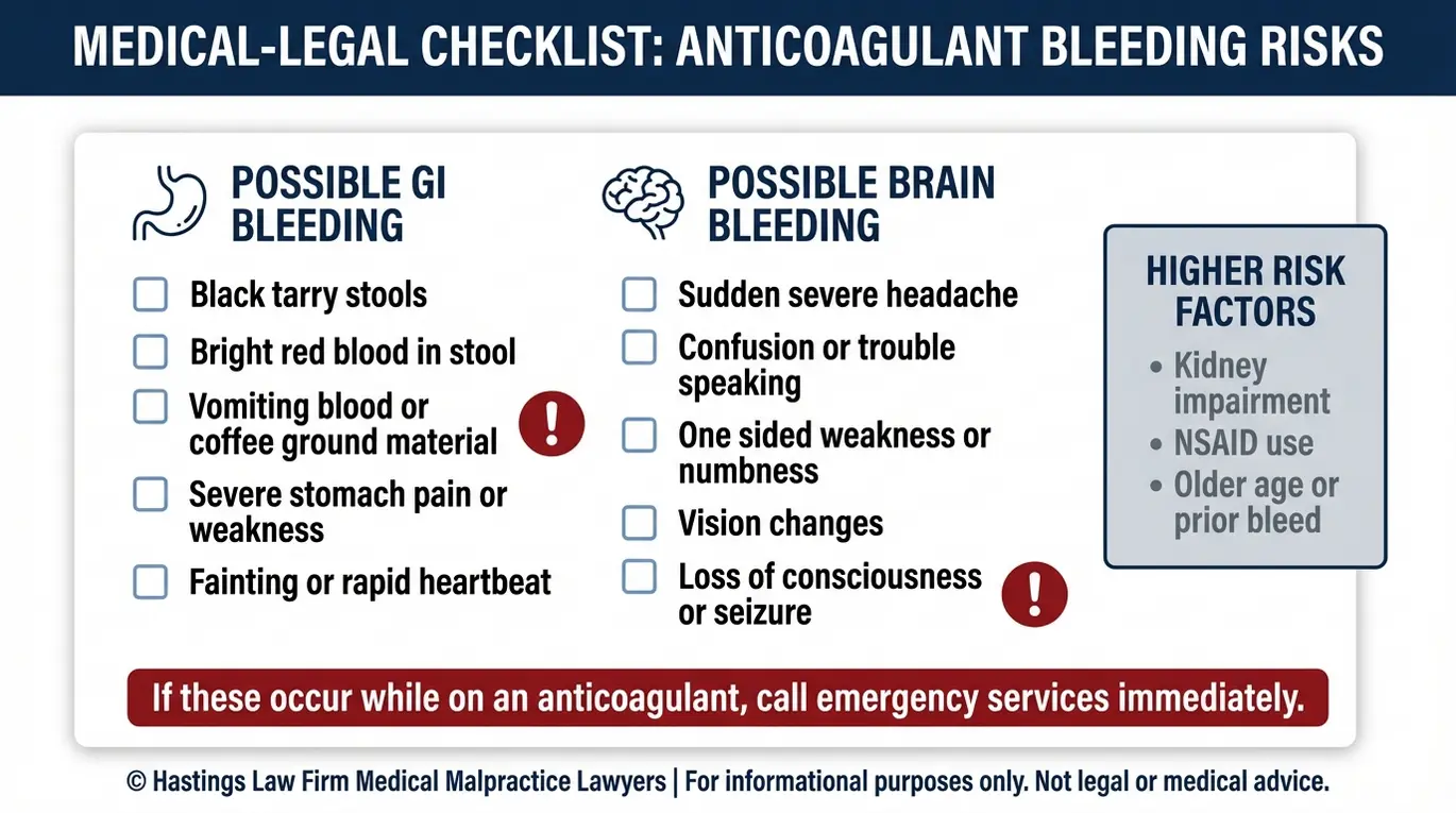 Warning checklist for an Arizona Blood Thinner Drug Injury Lawyer listing gastrointestinal bleeding and intracranial bleeding red flags plus key risk factors for patients taking anticoagulants.
