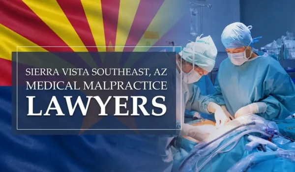 The State flag of Arizona blending into a healthcare setting in Sierra Vista Southeast where medical negligence has occurred, depicting the need for Medical Malpractice Lawyers to help patients harmed by medical professionals and healthcare facilities.