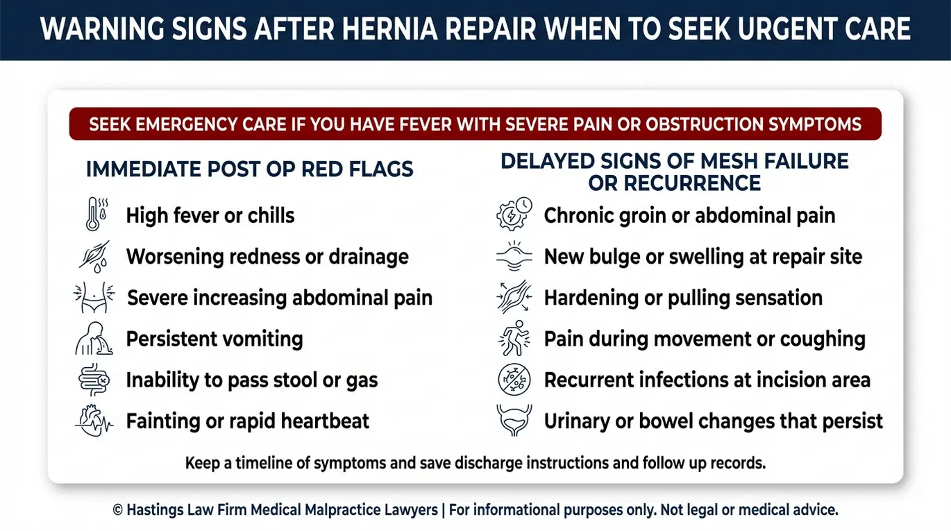 Lista de verificación de síntomas inmediatos y tardíos de una cirugía de hernia mal realizada o de un fallo de la malla, como orientación para abogados especializados en cirugía de hernia Texas.
