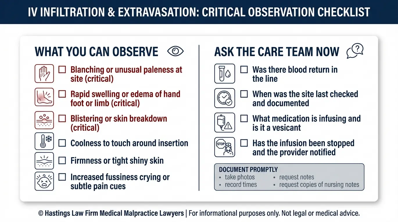 Warning checklist of NICU IV extravasation signs in non verbal infants including blanching swelling blistering and questions to ask helpful when contacting a Texas NICU IV Extravasation Lawyer.