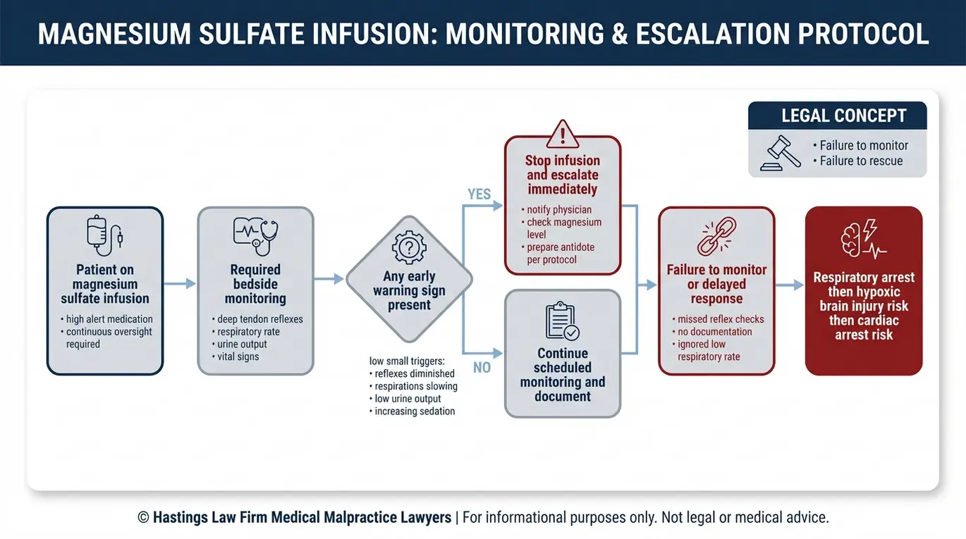 Process flowchart showing monitoring steps and escalation decisions for hypermagnesemia signs in a Texas Magnesium Sulfate Overdose Lawyer claim including reflex checks, respiratory depression response, and failure to rescue outcomes.
