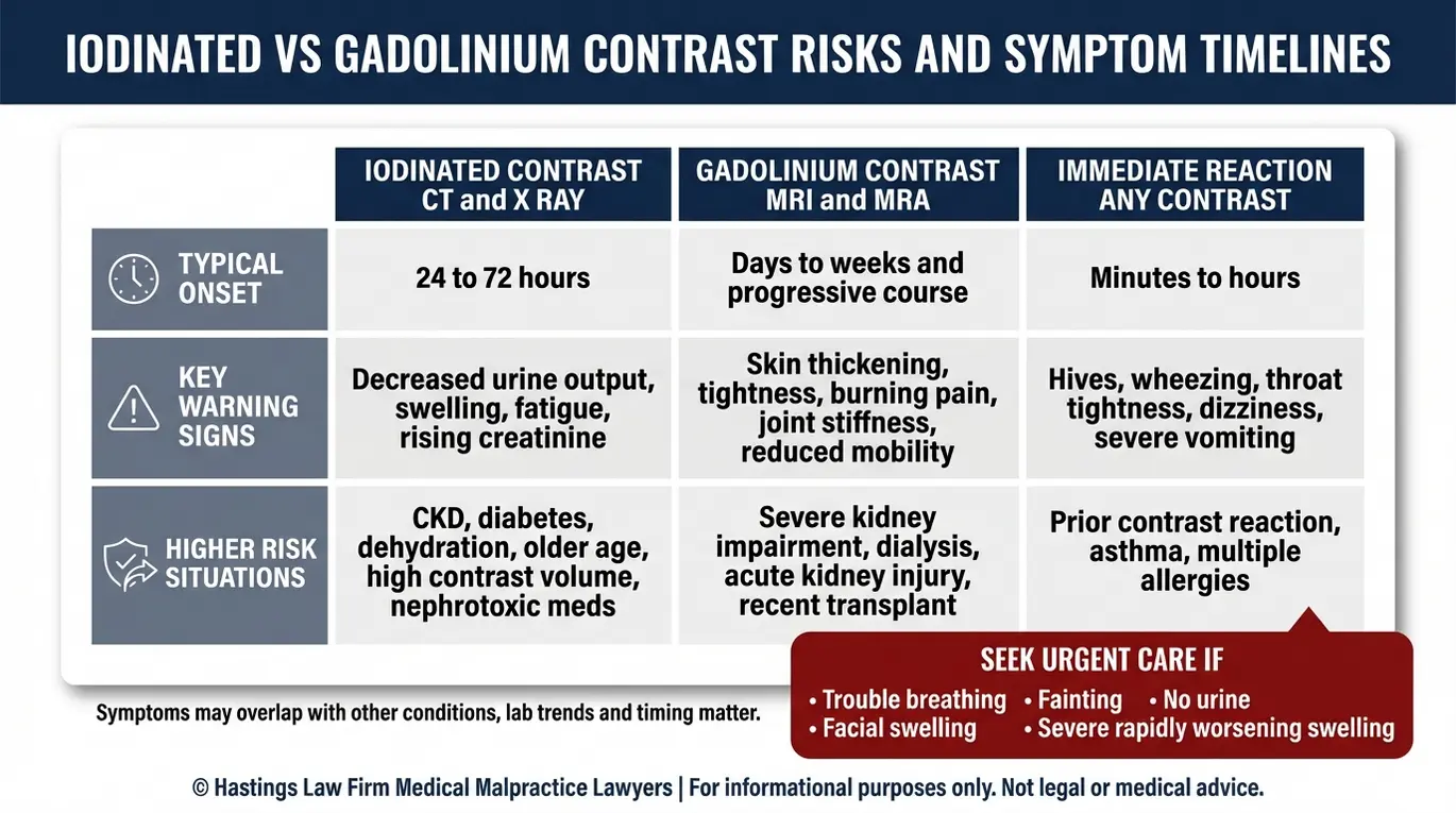 Table comparing iodinated contrast versus gadolinium risks and symptom timelines for an Arizona Contrast Dye Injury Lawyer evaluation of kidney failure and NSF warning signs.